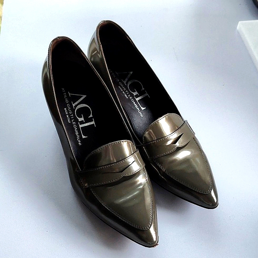 AGL Pointed Toe Heels Patent Leather Penny Loafer Taupe Vero Cuoio Pumps Sz 39.5